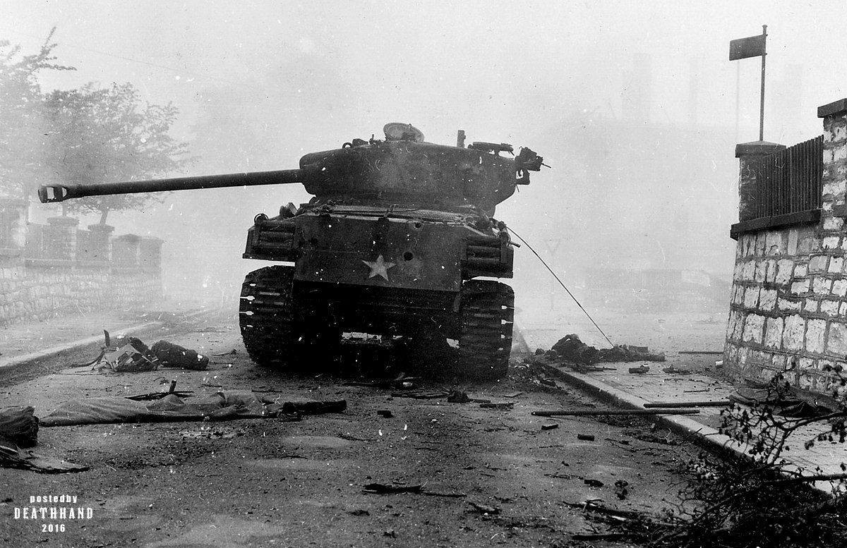 American tank M4A3 Sherman Knocked out Neumarkt, Germany April 21, 1945.jpg