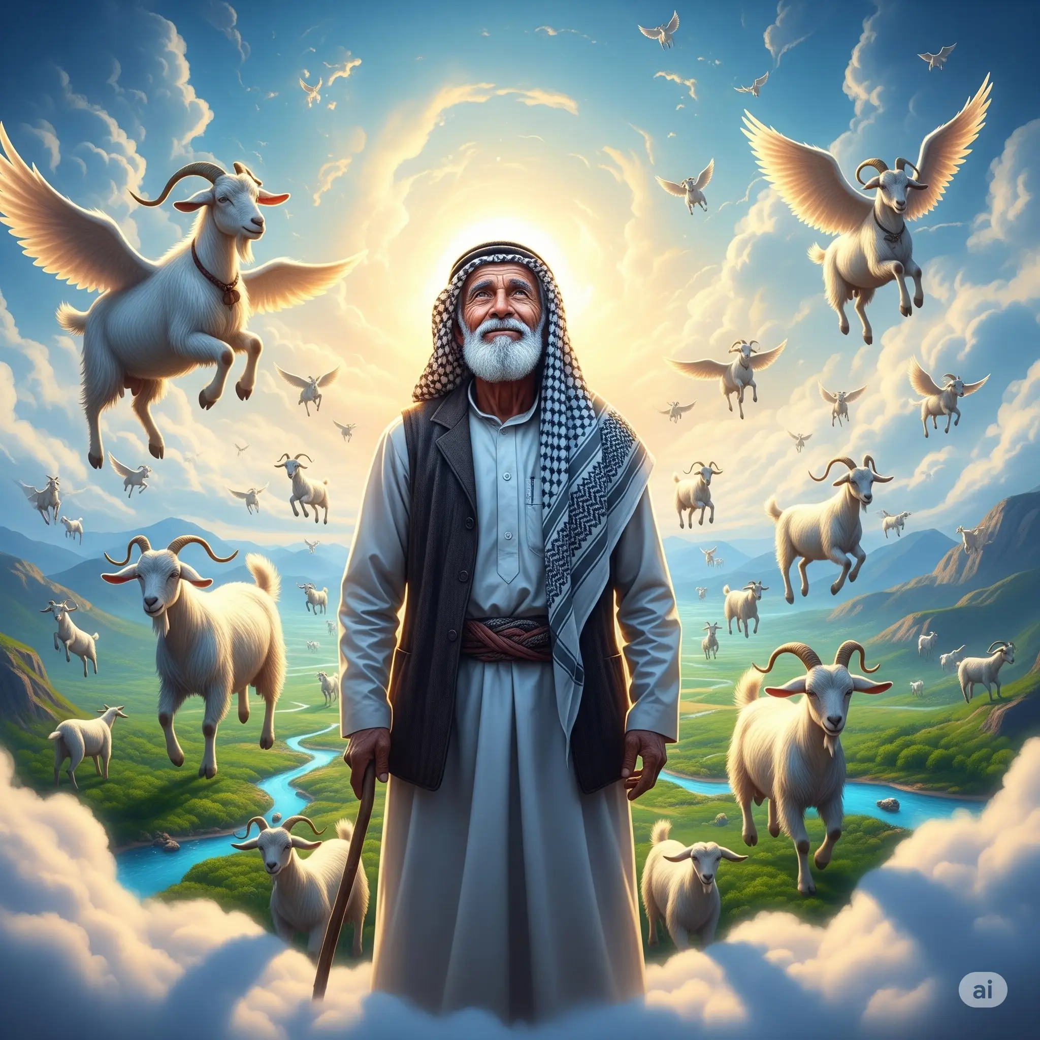 Arabic goat herder in heaven with flying goats.webp