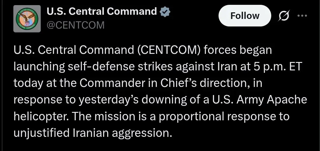 CENTCOM resumed strikes after Iran down US Apache helicopter, June 8 2026.webp