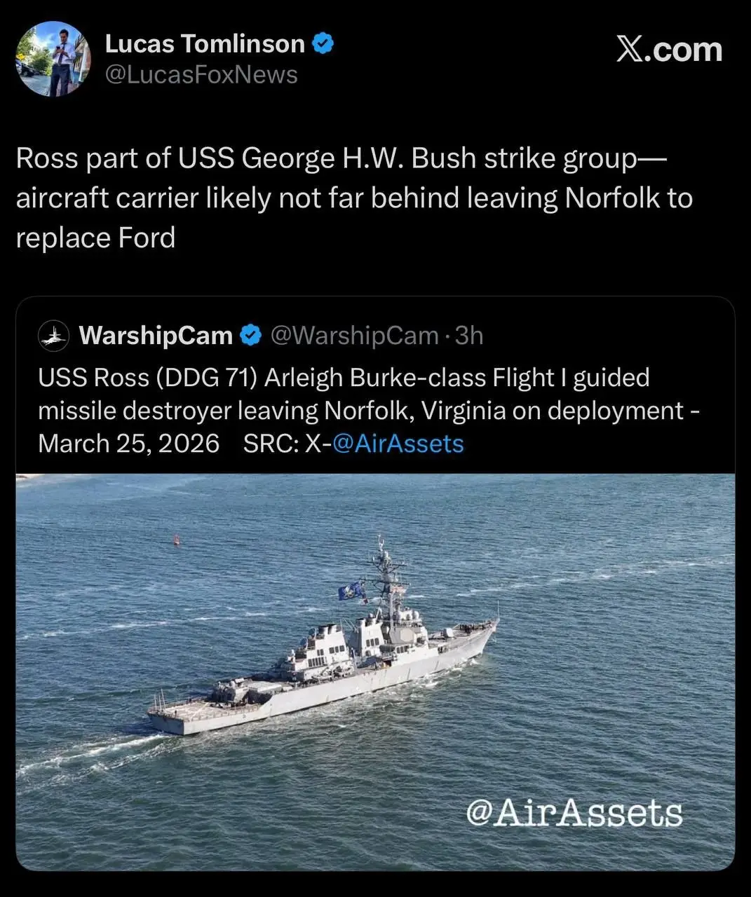 Fox News reporter reports that the strike group of the aircraft carrier Bush has left the US ...webp