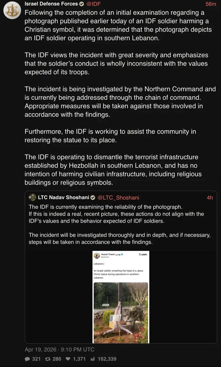 IDF statement re IDF soldier using hammer on Christ statue.webp