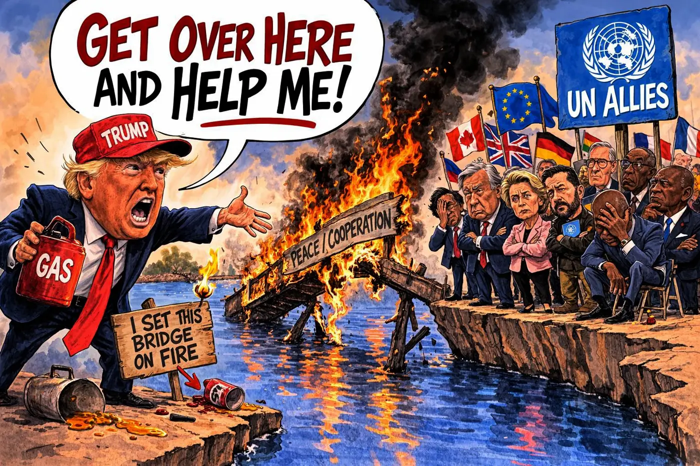 Illustration, Trump yelling for other countries to help, mid Mar 2026.webp