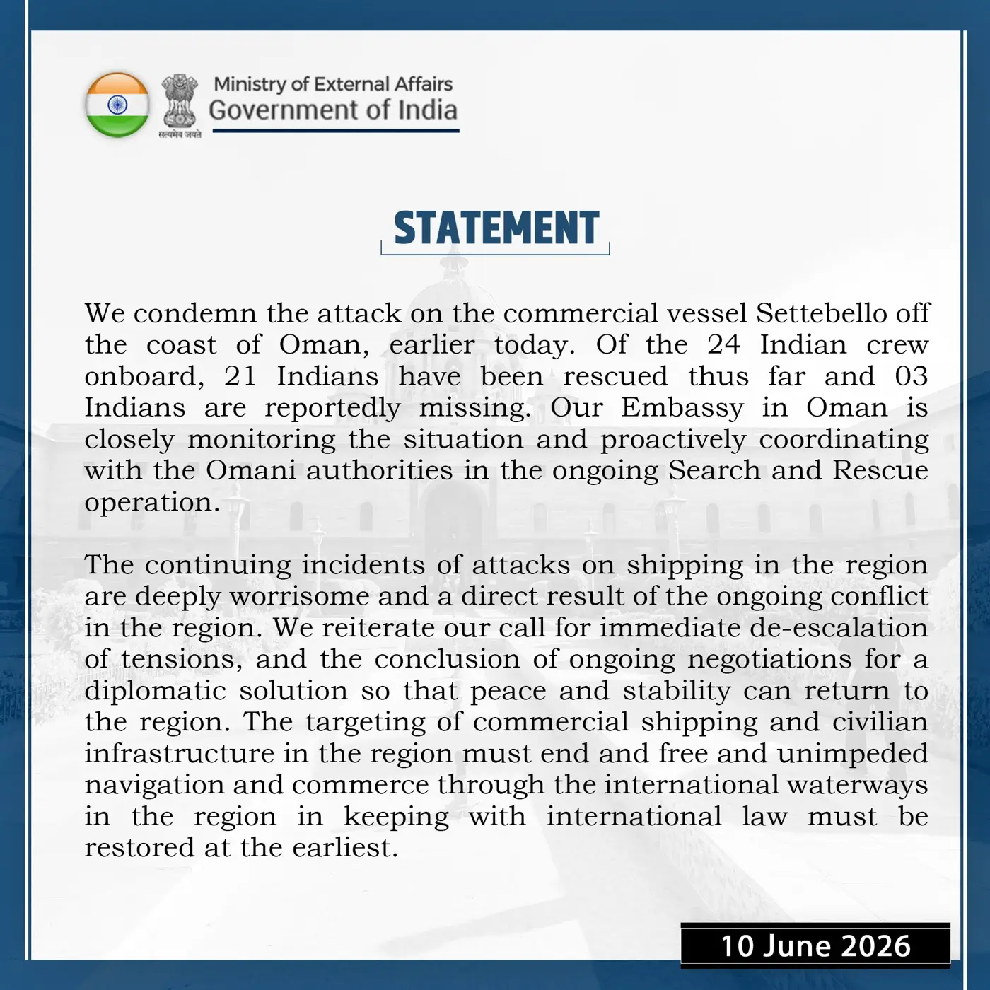 Indian statement on US strike killing 3 Indian nationals, Jun 10 2026.webp