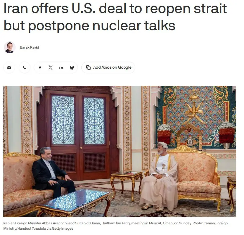 Iran offers US deal to reopen Straight and postpone nuke talks, abt Apr 26 2026.webp