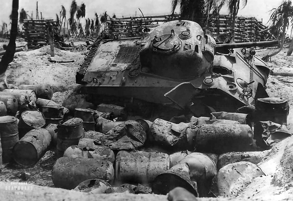 Knocked Out M4 Sherman Tank, Tarawa 1943.jpg