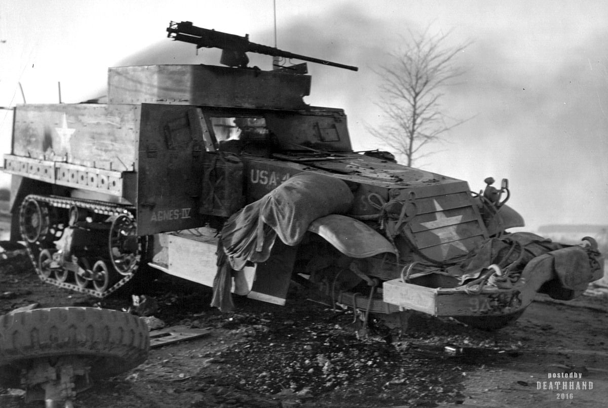 M3A1 armored vehicle, 9th Armored Division, US Army, hit a mine.jpg