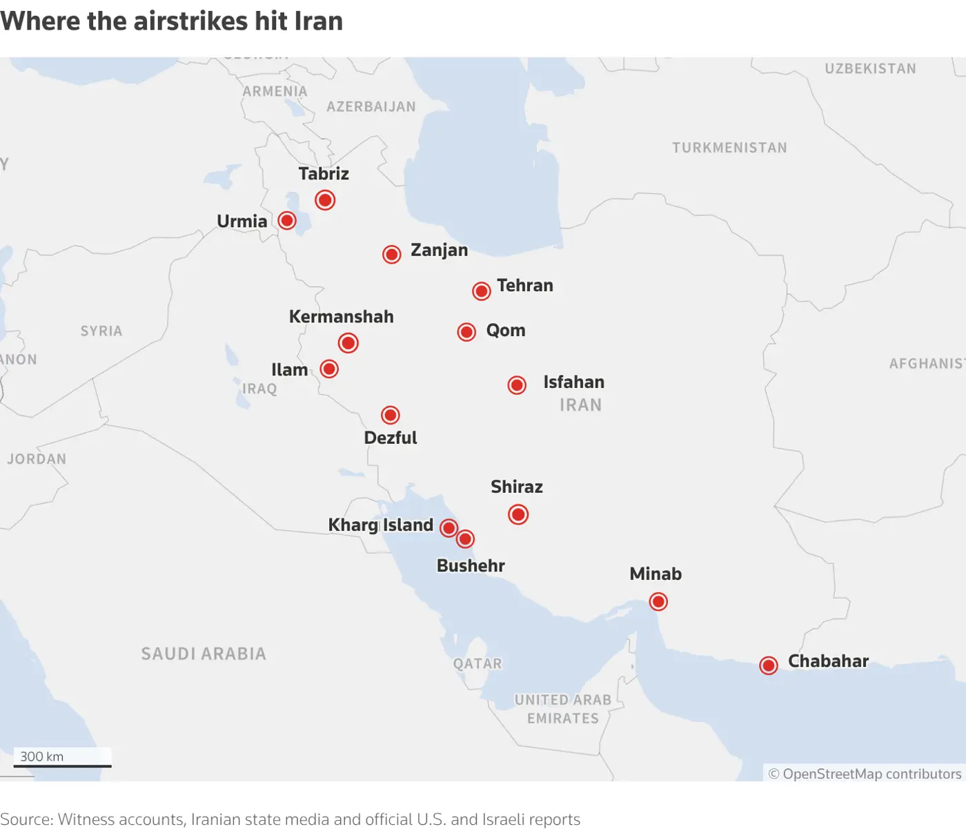 Map showing where the airstrikes hit in Iran - Feb 28 2026.webp