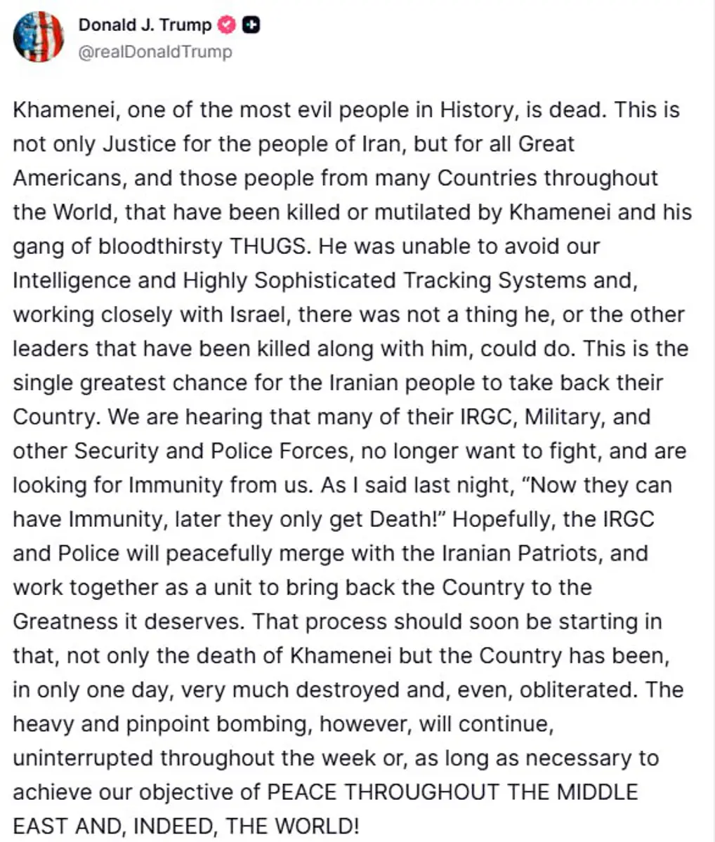 President Trump confirmed Supreme Leader Khamenei is dead, saying the operation was conducted...webp