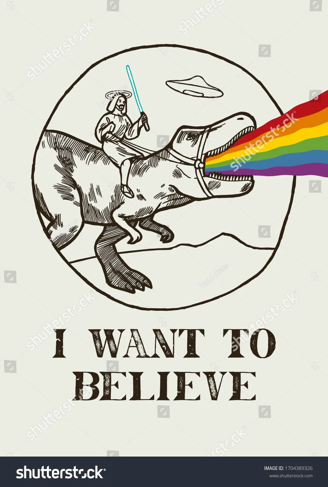 stock-vector-i-want-to-believe-jesus-riding-t-rex-dinosaur-is-puking-rainbow-ufo-saucer-flyin...webp