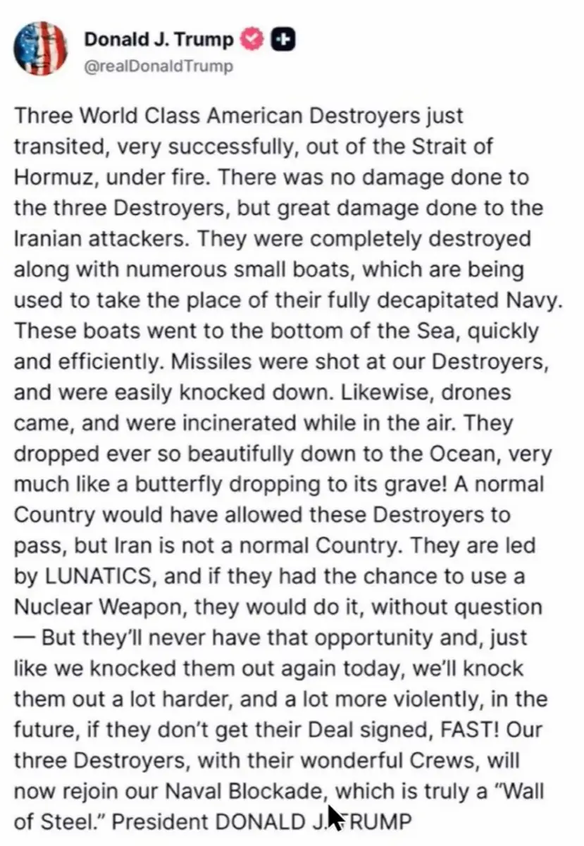 Trump, 3 destroyers went thru straight, hit Iran very hard, butterflies, Apr 7 2026.webp
