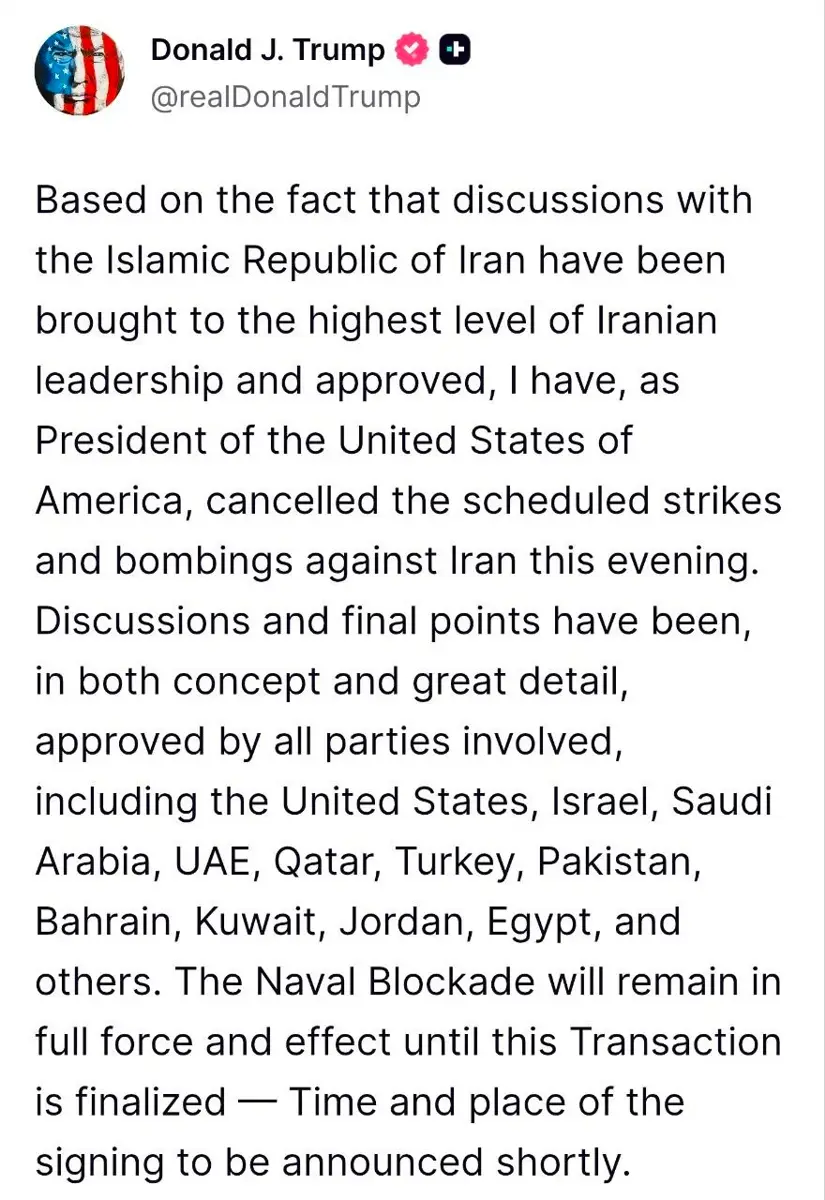 Trump. due to talks tonights strikes cancelled, June 11 2026.webp