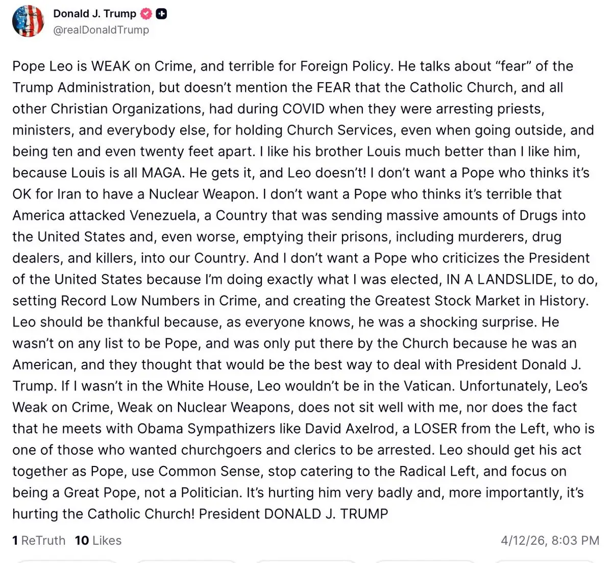 Trump goes after Pope Leo in Tweet, Apr 12 2026.webp