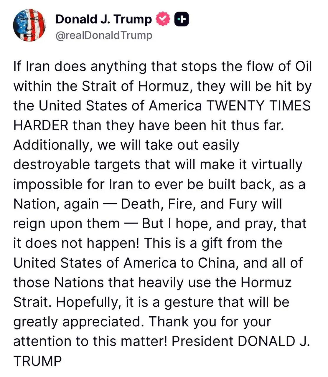 Trump, Iran does anything with Straight of Hormuz they;; get hit 20xs harder, abt Mar 8-9 2026.webp
