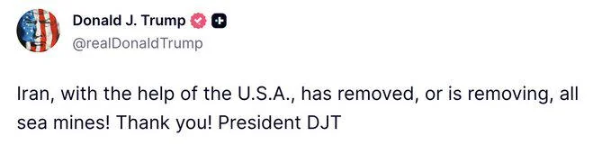 Trump, Iran has removed or is removing mines from Straight, Apr 16 2026.webp