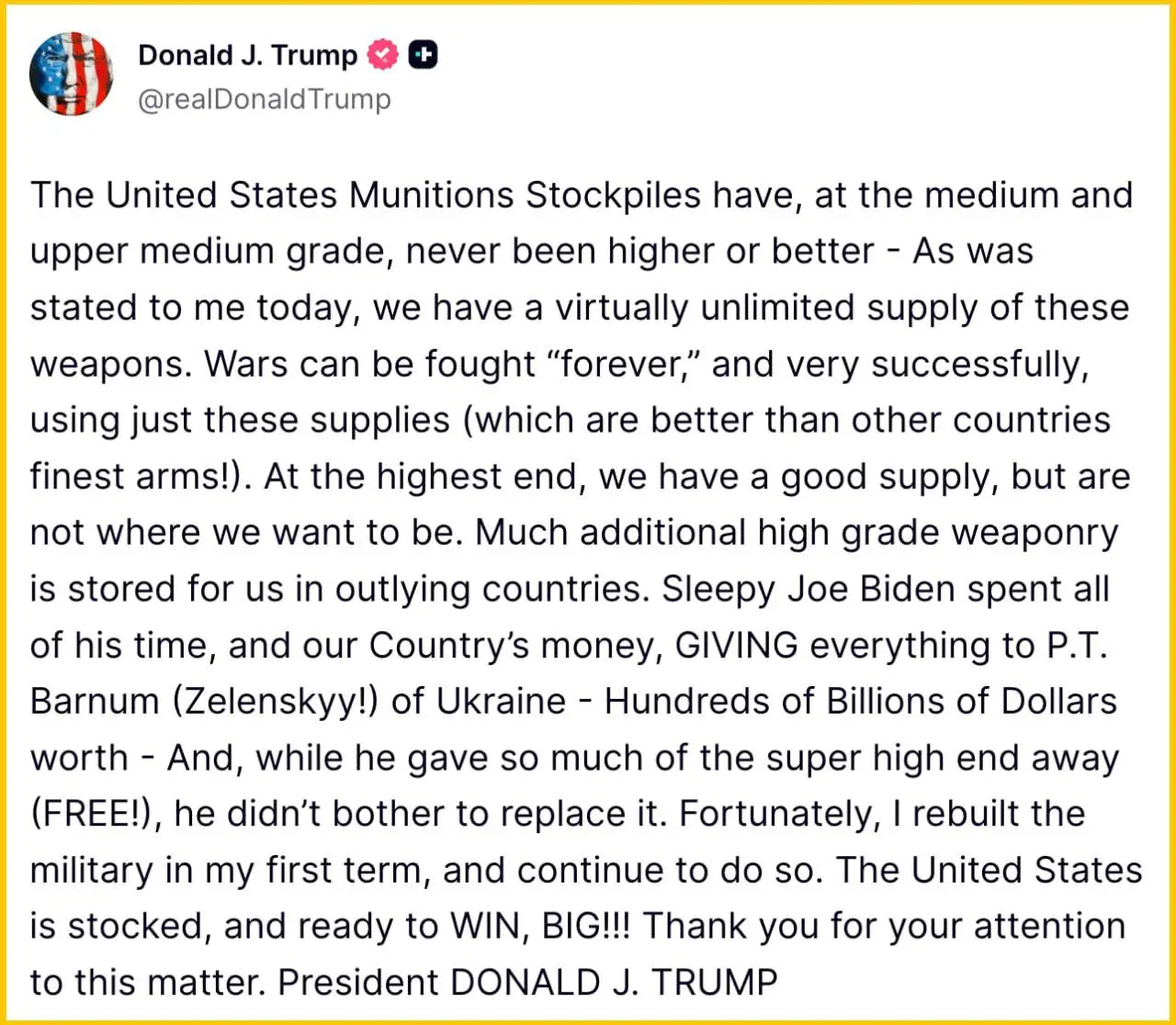 Trump - lots of high end munitions, better than other countries, are available, Sleepy Joe, a...webp