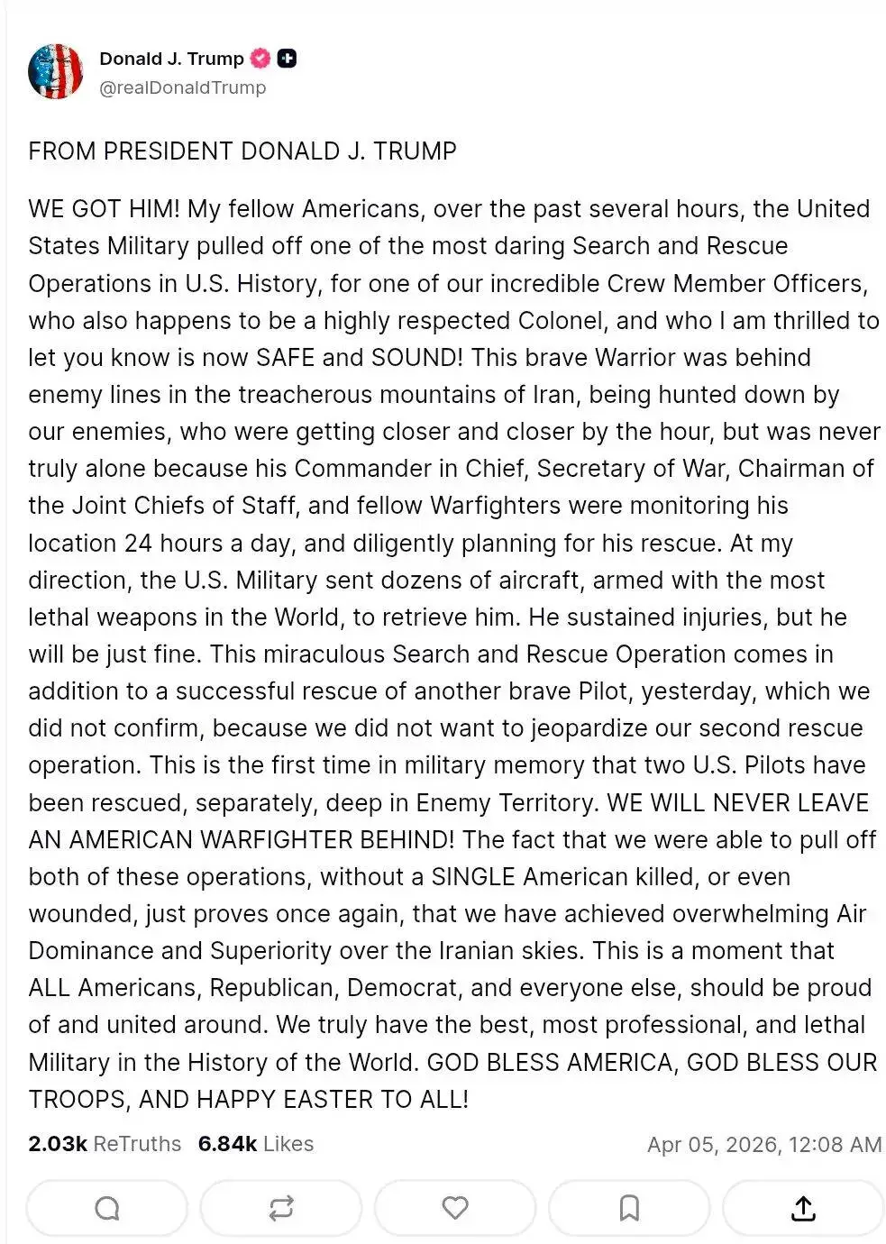 Trump, missing F-15 pilot found, Apr 5 2026.webp