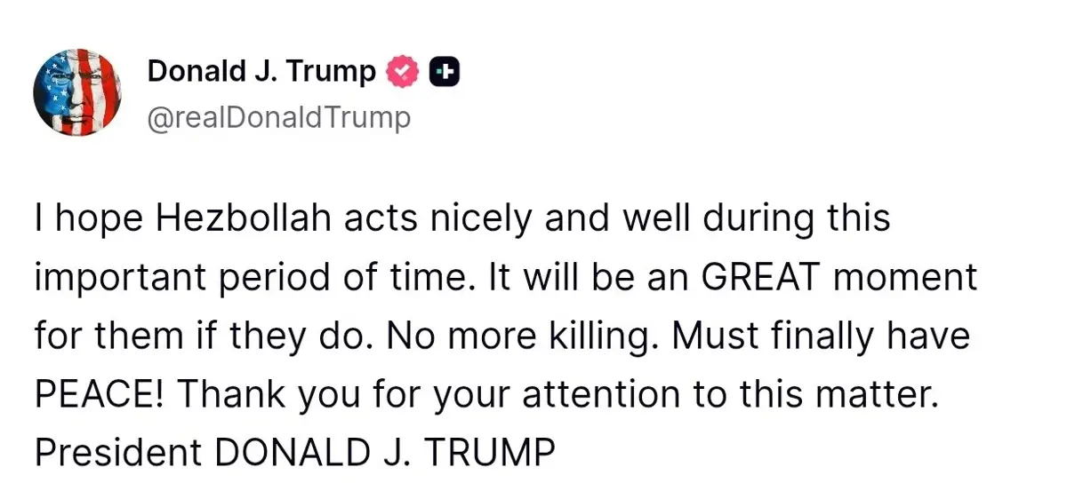 Trump on Hezbollah acting nicely, Apr 16 2026.webp