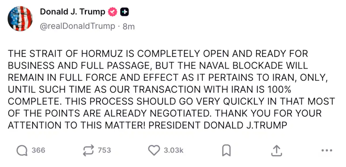 Trump on opening, bloackage, of the Straight and Iran, Apr 17 2026.webp