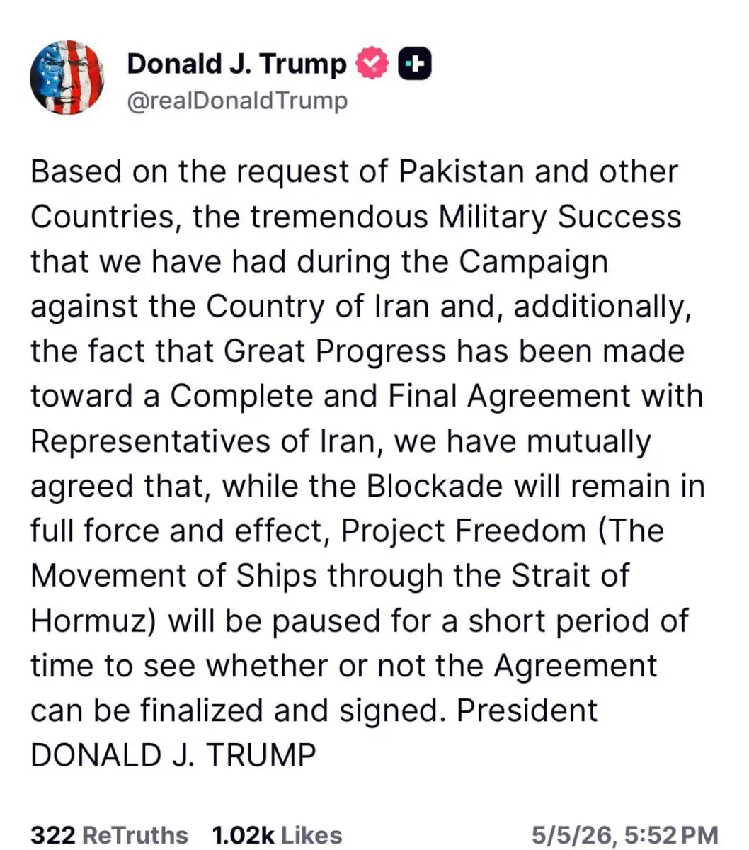 Trump, Project Freedom, paused, abt May 6 2026.webp