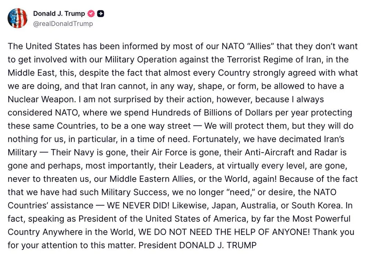 Trump rants when no allied countries agree to send ships to the Straight of Hormuz, abt Mar 1...webp