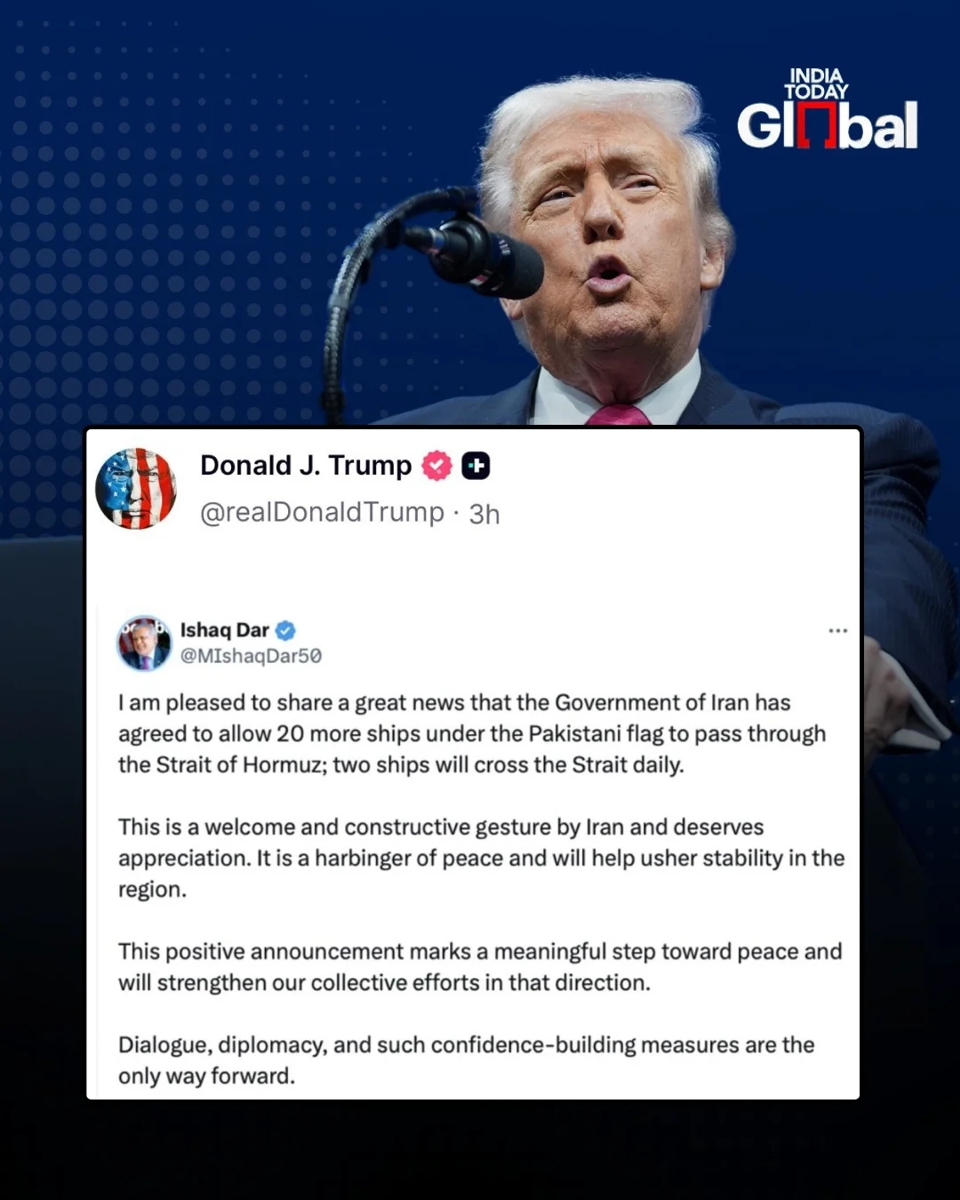 Trump, reposted a statement by Ishaq Dar that 20 more Pakistani flagged tankers allowed to pa...webp