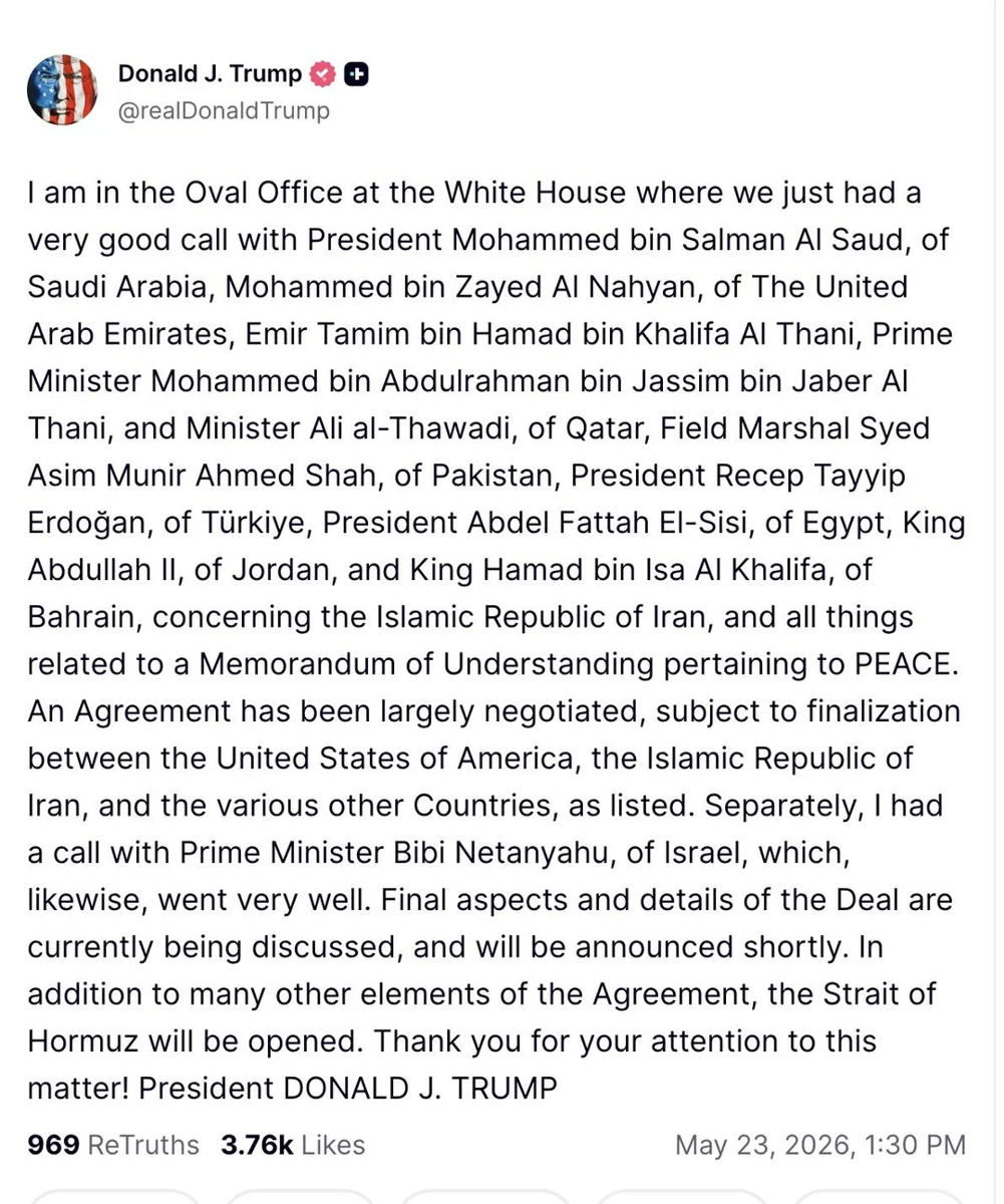 Trump social, met with middle east leaders and others, Straight of Hormuz opening soon, abt M...webp