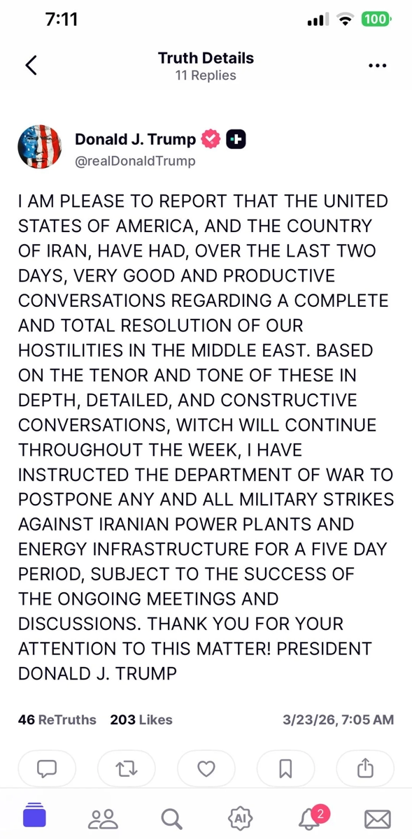 Trump states talks lead to pause on attacks on Iranian infrastructure, Mar 23 2026.webp