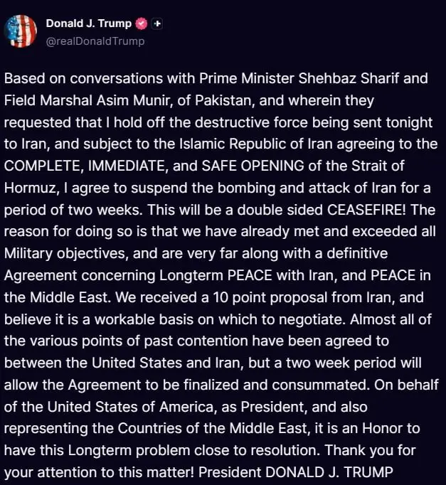 Trump, will now be a ceasefire for two weeks, Apr 7 2026.webp