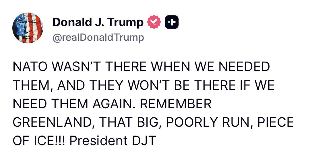 Trump writes abpout NATO not being there and to remember Greenland, Apr 8 2026.webp