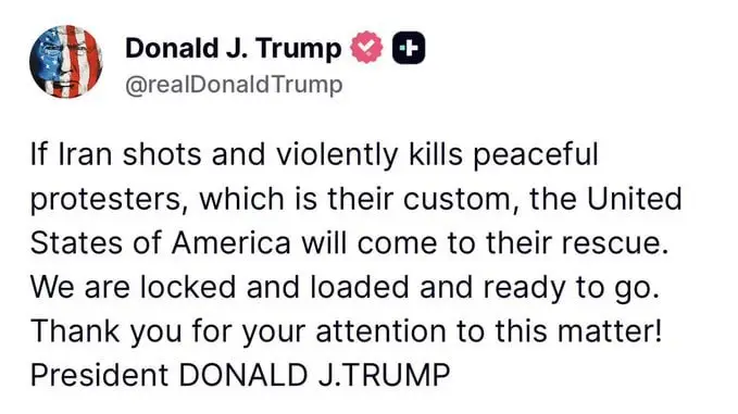 Trumpo on Iran if they shoot protestors - abt Jan 7-8 2026.webp