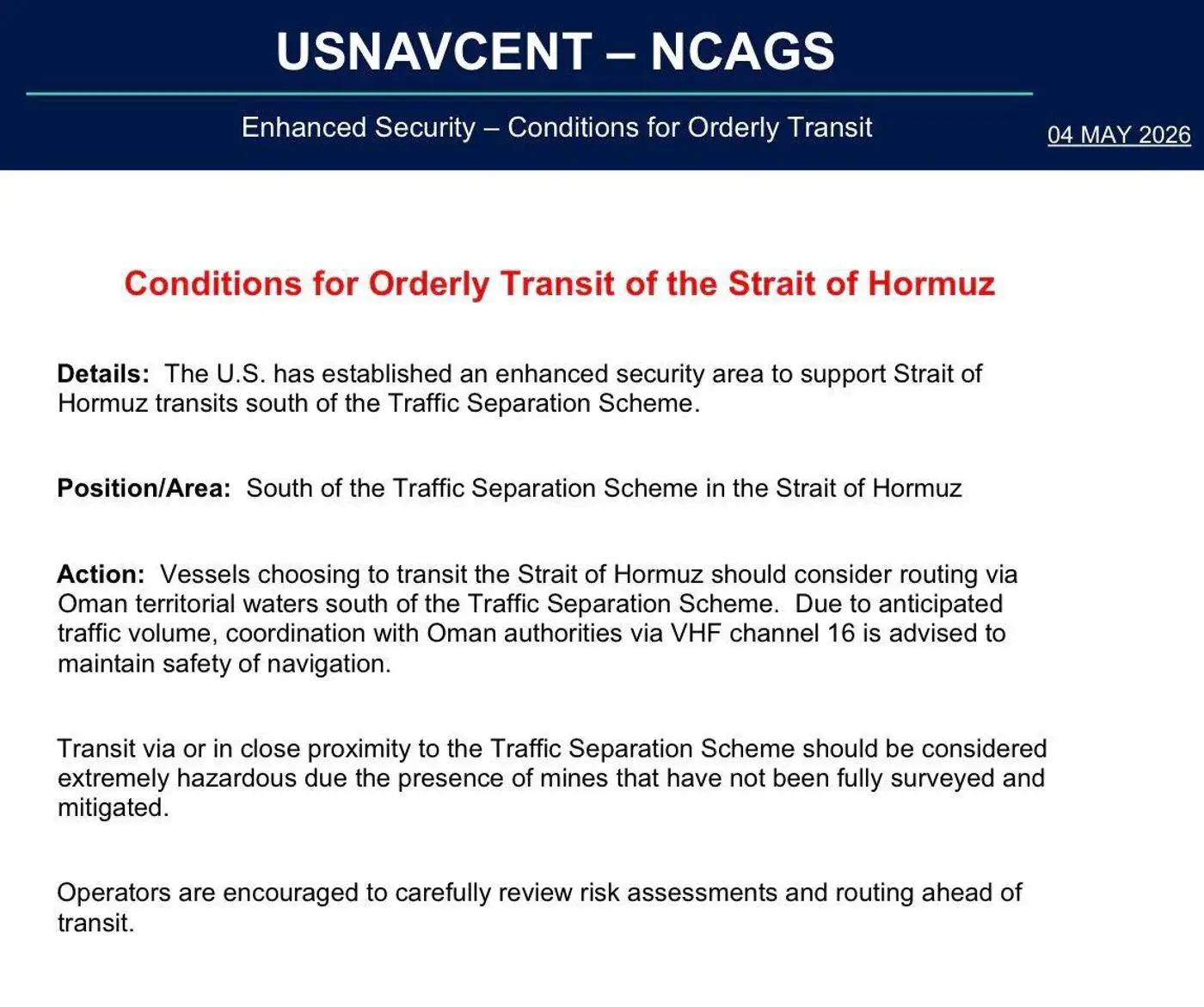 USNAVCOM, orderly passage thru Straight of Trump, May 4 2026.webp